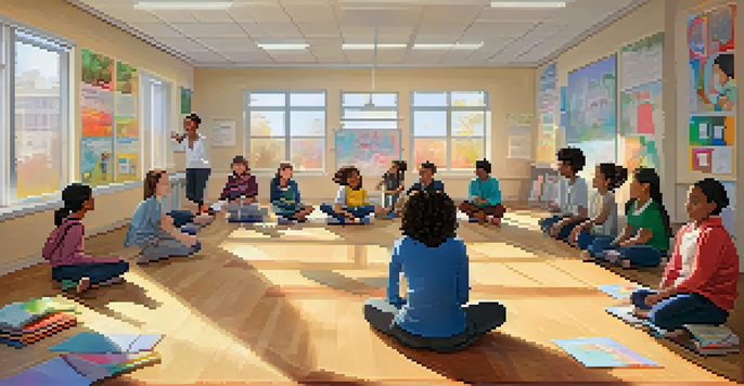 A classroom with diverse students participating in a resilience training workshop, with natural light and colorful educational posters.