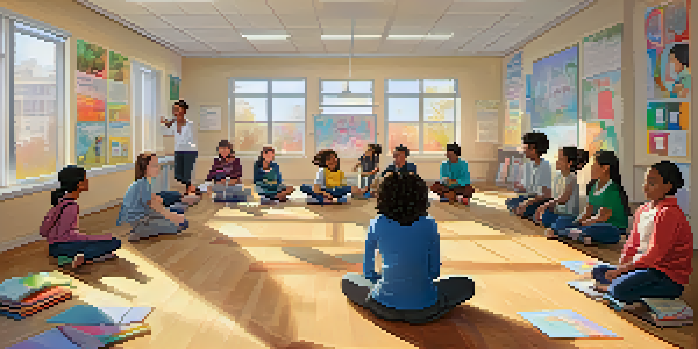 A classroom with diverse students participating in a resilience training workshop, with natural light and colorful educational posters.