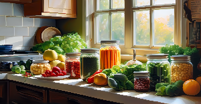 A bright kitchen filled with fresh fruits and vegetables, highlighting fibrous foods and jars of probiotics, illuminated by warm sunlight.