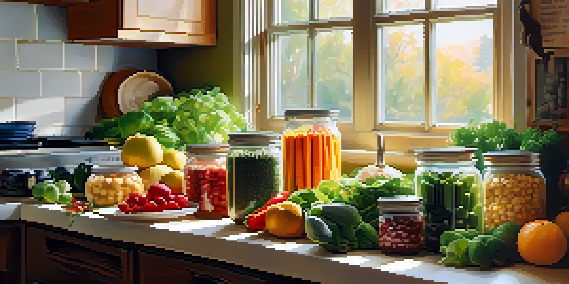 A bright kitchen filled with fresh fruits and vegetables, highlighting fibrous foods and jars of probiotics, illuminated by warm sunlight.