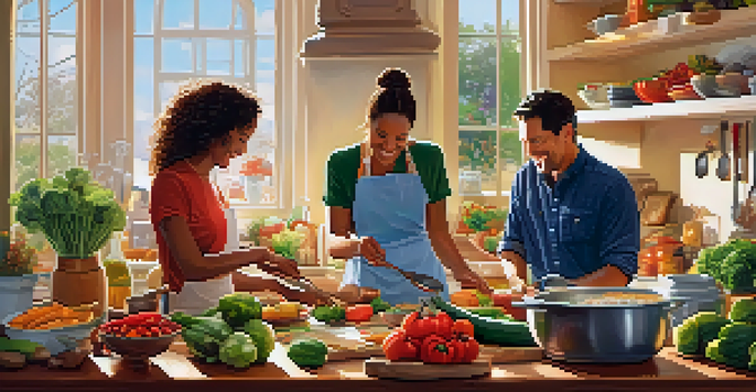 A family cooking together in a bright kitchen, surrounded by ingredients and sunlight.