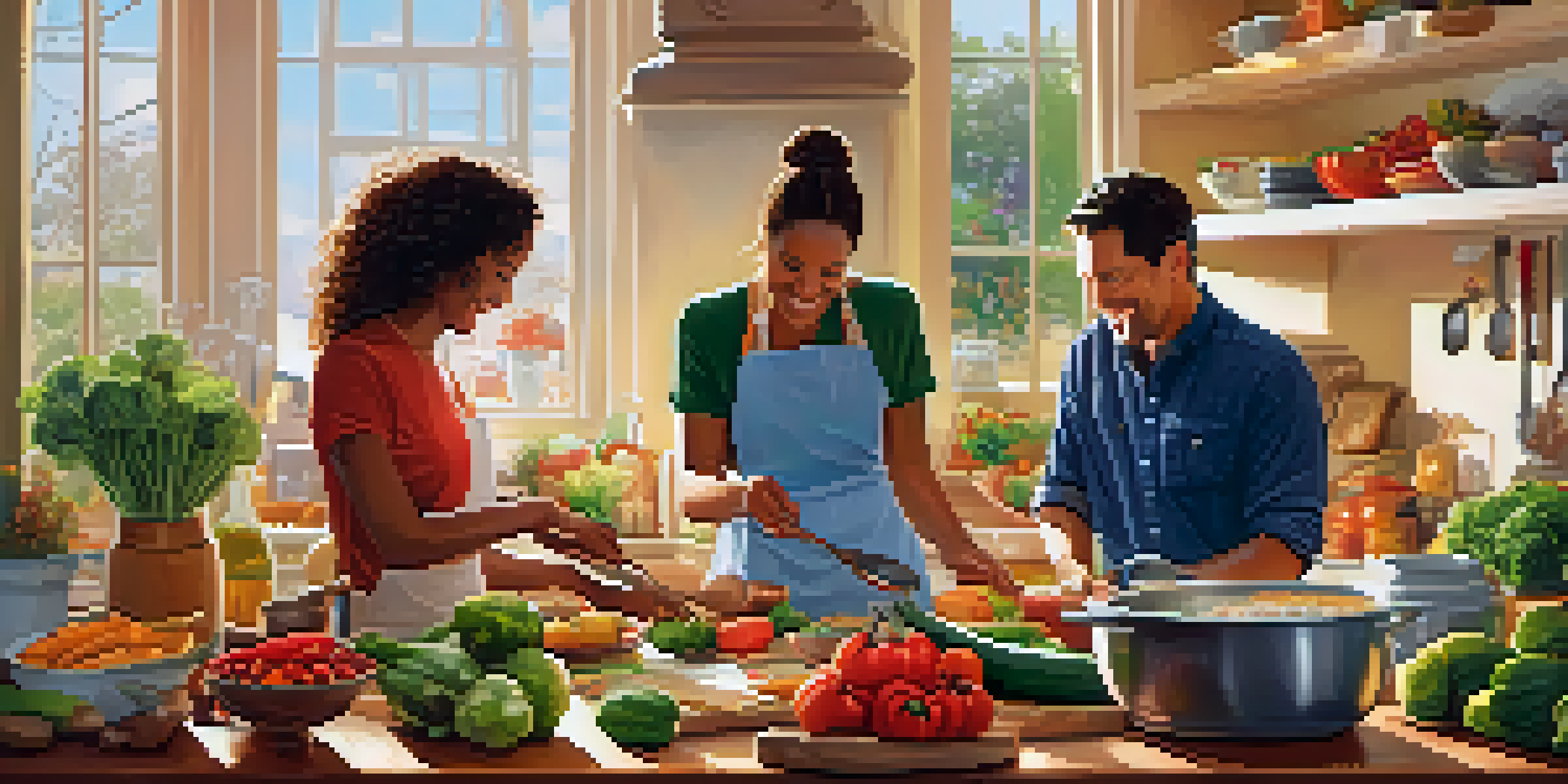 A family cooking together in a bright kitchen, surrounded by ingredients and sunlight.
