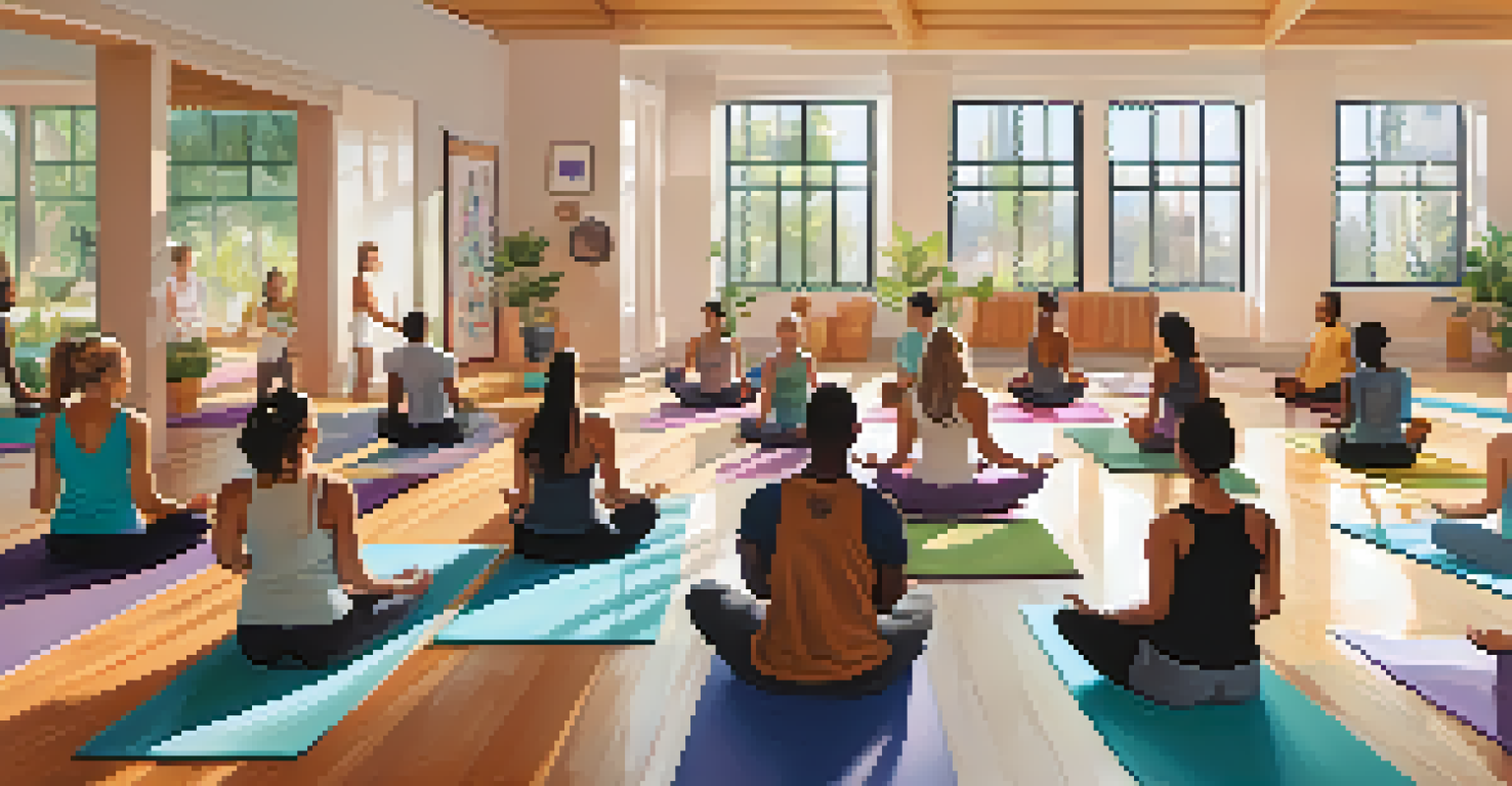 A diverse group of people practicing yoga together in a bright and inviting room, fostering a sense of community and positivity.