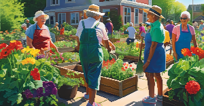 A lively community garden with older adults and children gardening together, surrounded by colorful flowers and vegetables, under warm sunlight.