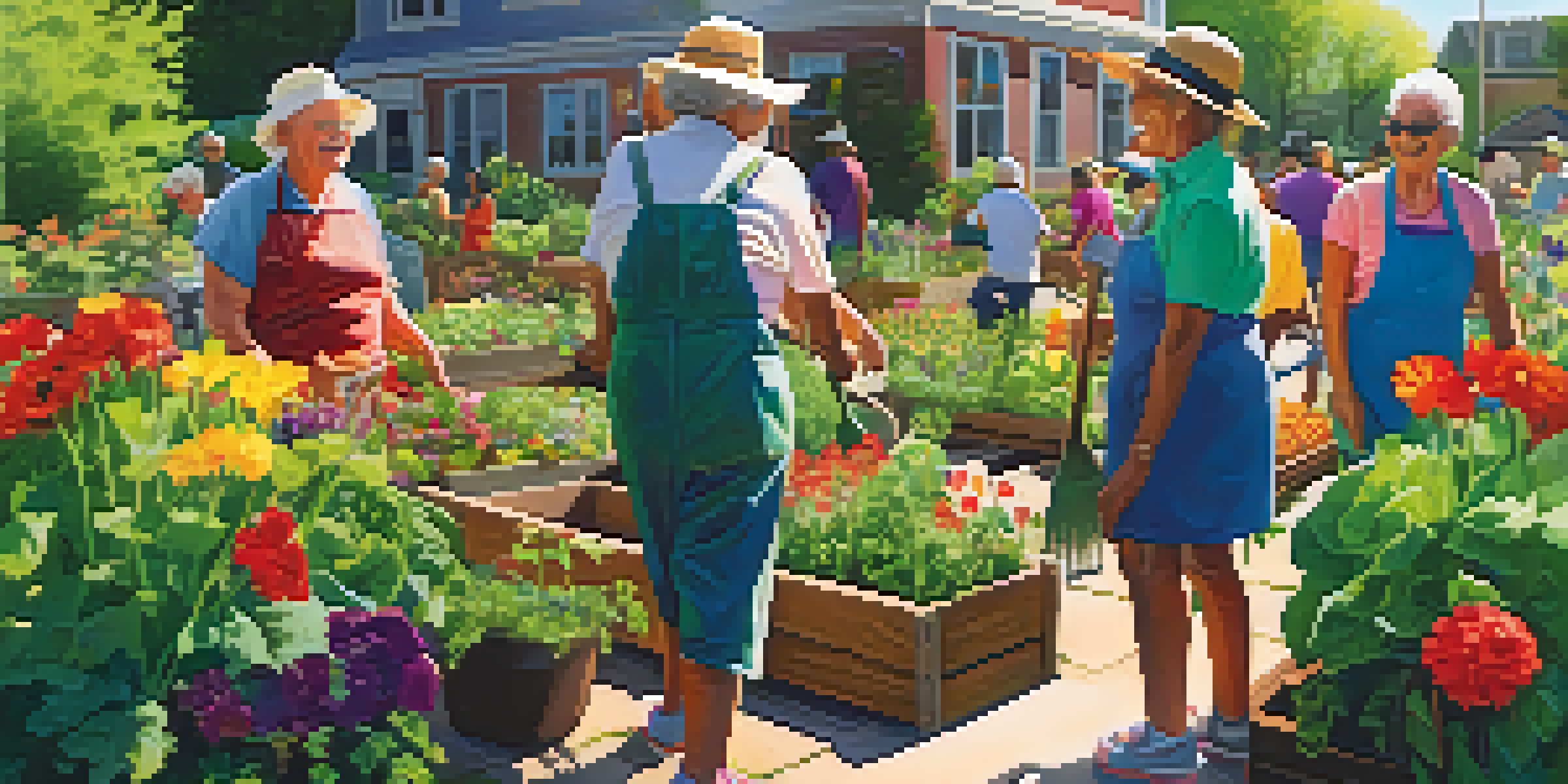 A lively community garden with older adults and children gardening together, surrounded by colorful flowers and vegetables, under warm sunlight.