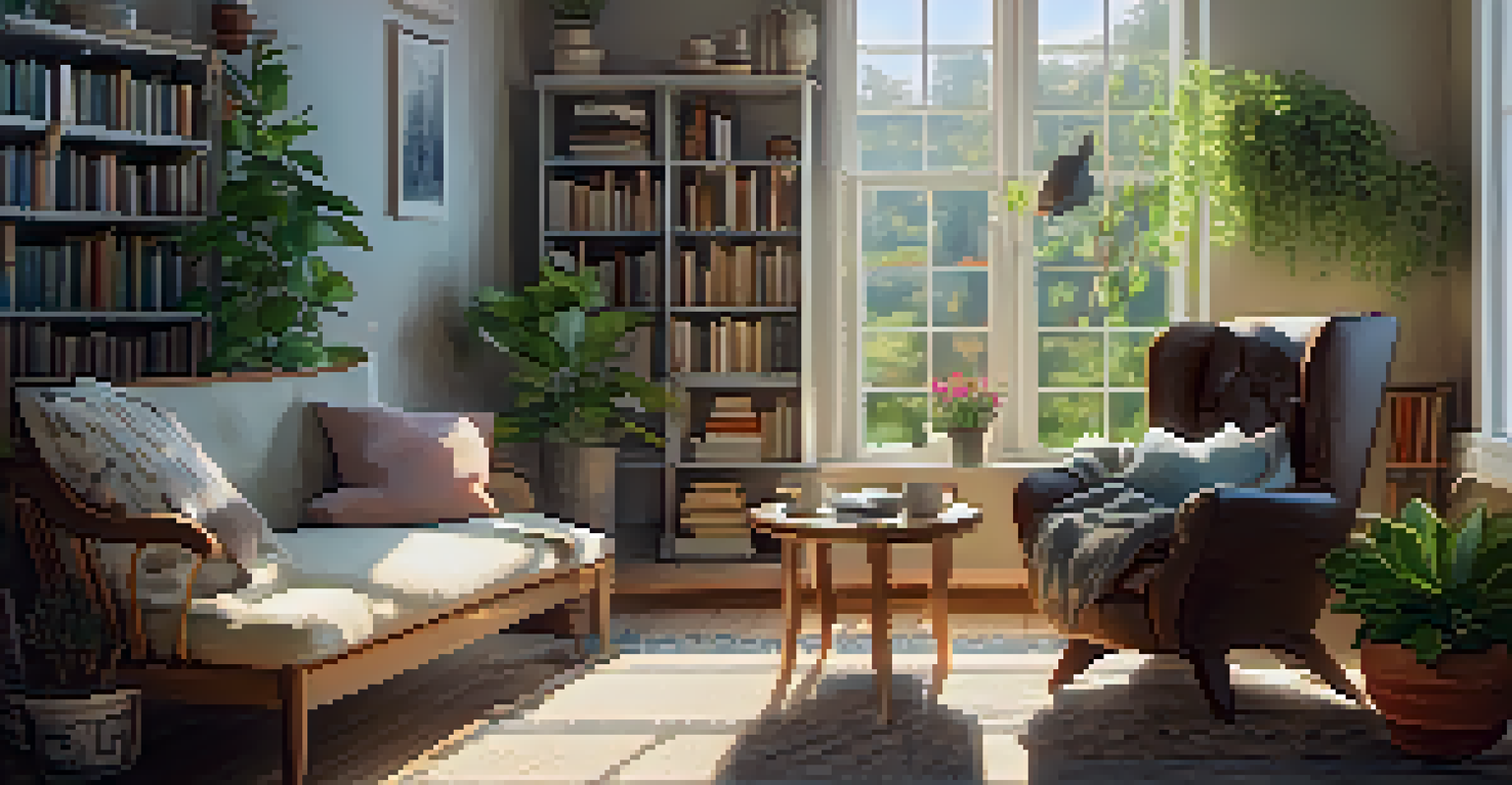A cozy indoor scene with an armchair by a window, a cup of tea on a table, and books stacked nearby, filled with sunlight and plants.