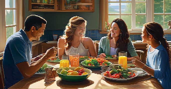 A family enjoying a healthy meal together at a wooden dining table in a bright kitchen.