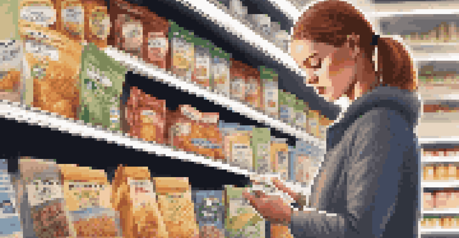 A person examining a food label in a grocery store, focusing on allergen information and ingredients.