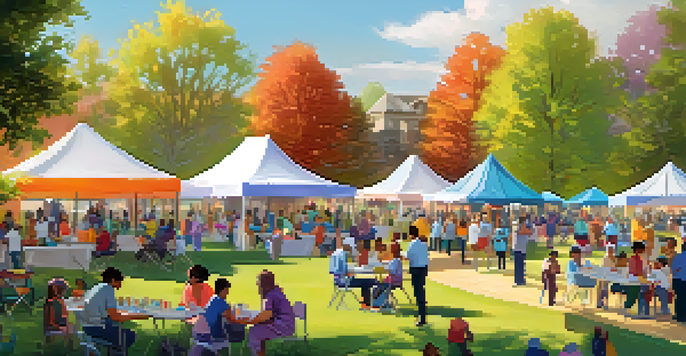 A community vaccination event in a park with families and health professionals, colorful tents and educational materials.