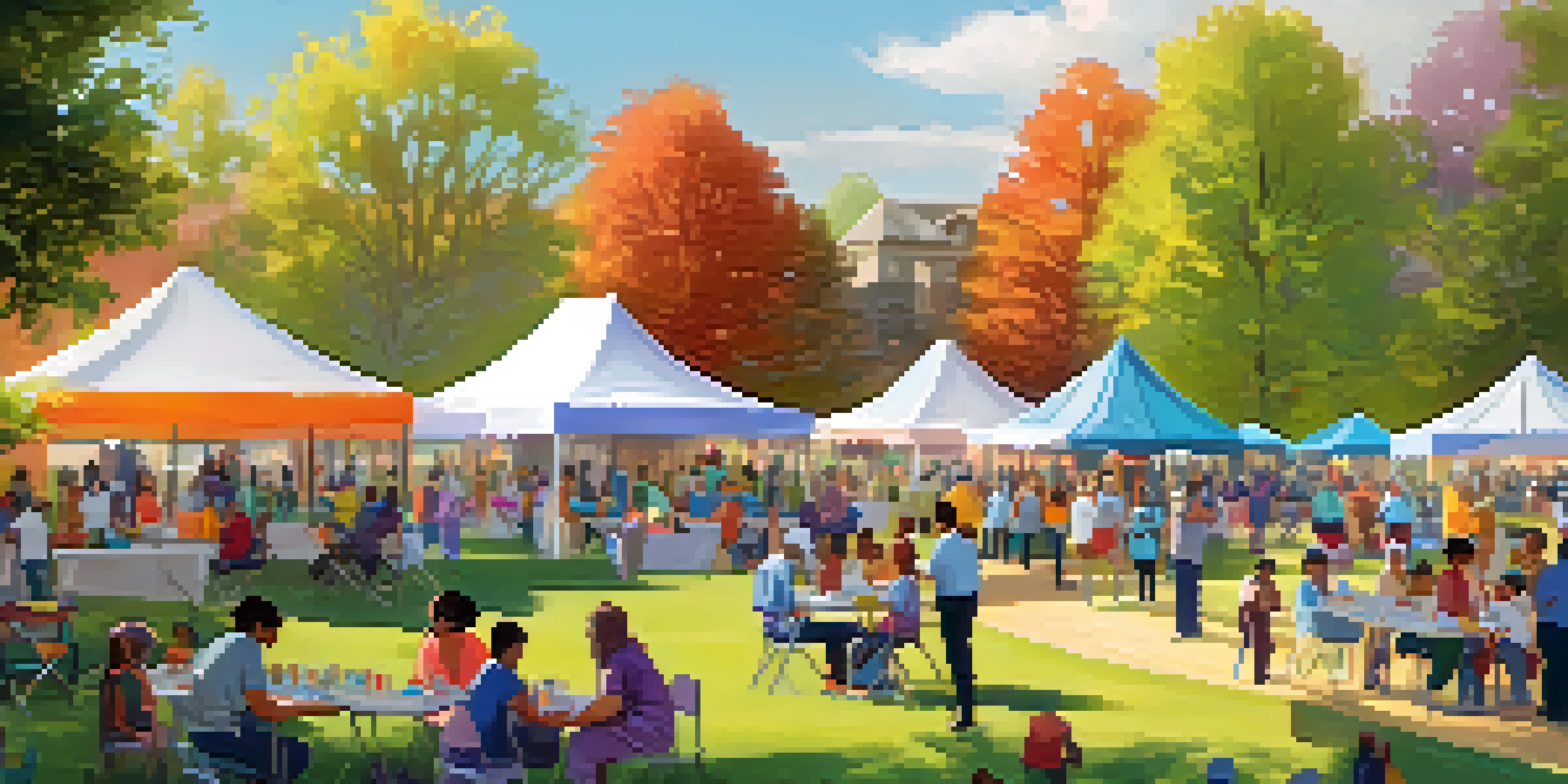 A community vaccination event in a park with families and health professionals, colorful tents and educational materials.