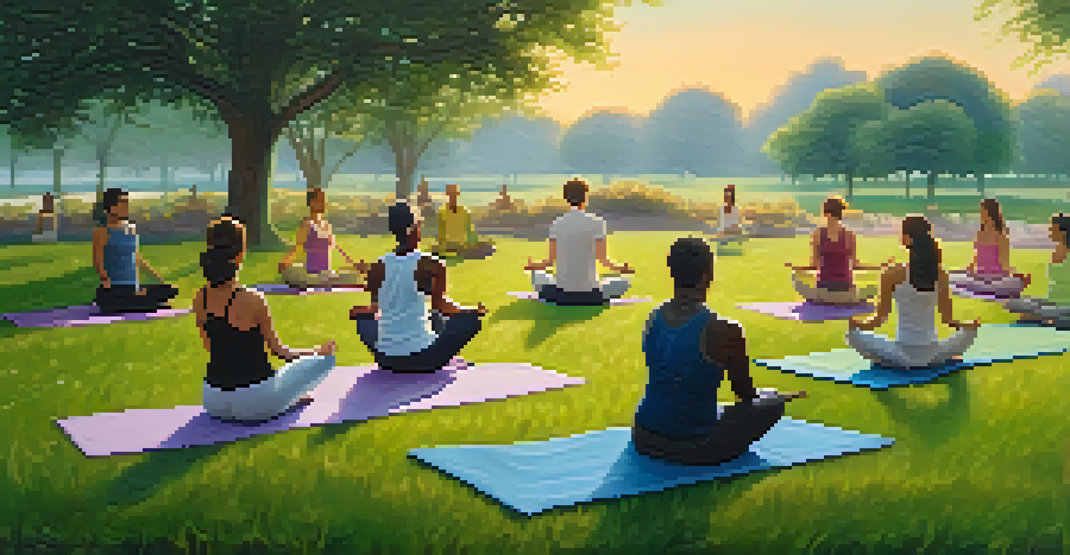 A diverse group practicing yoga at sunrise in a park, showcasing various poses against a colorful sky.