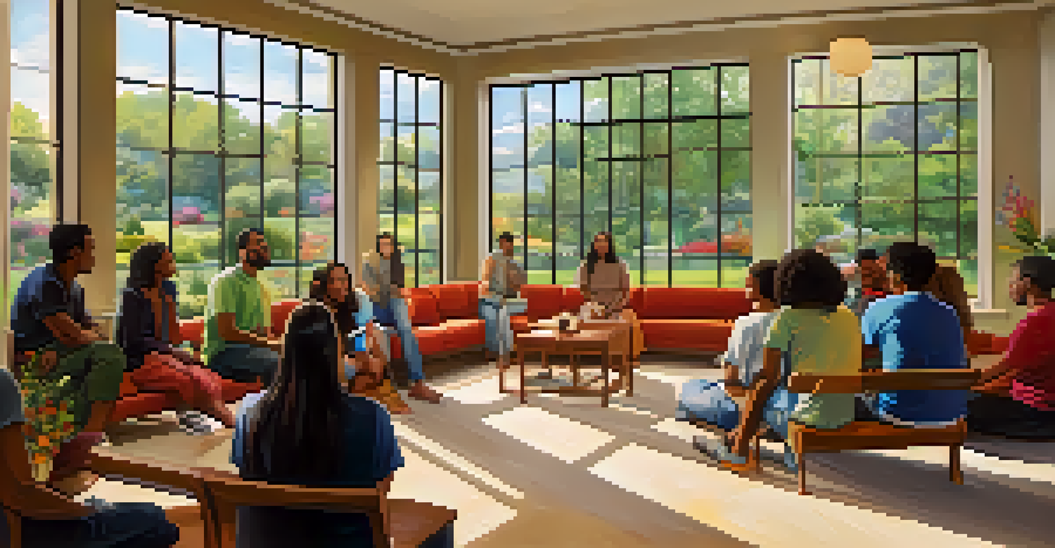 A community center room with young people engaging in discussions about faith and spirituality, surrounded by comfortable seating and natural light.