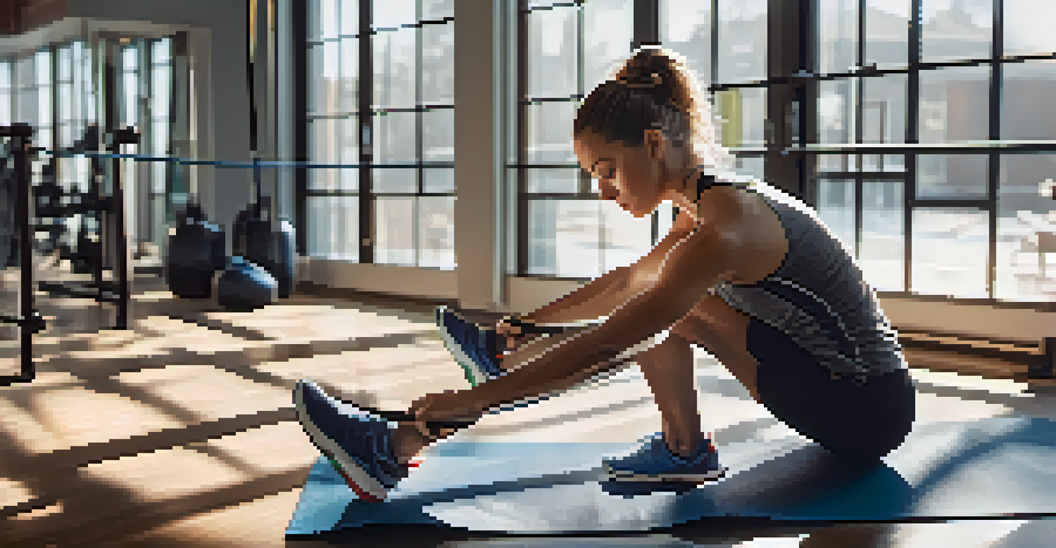 An athlete doing rehabilitation exercises in a bright gym, focusing on leg stretches with resistance bands.
