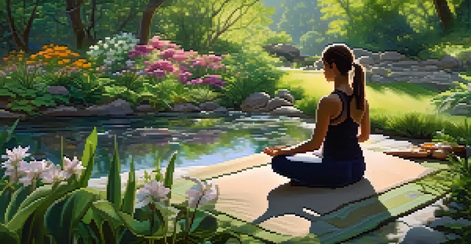 A peaceful garden with colorful flowers, a stream, and a person doing yoga on a mat.