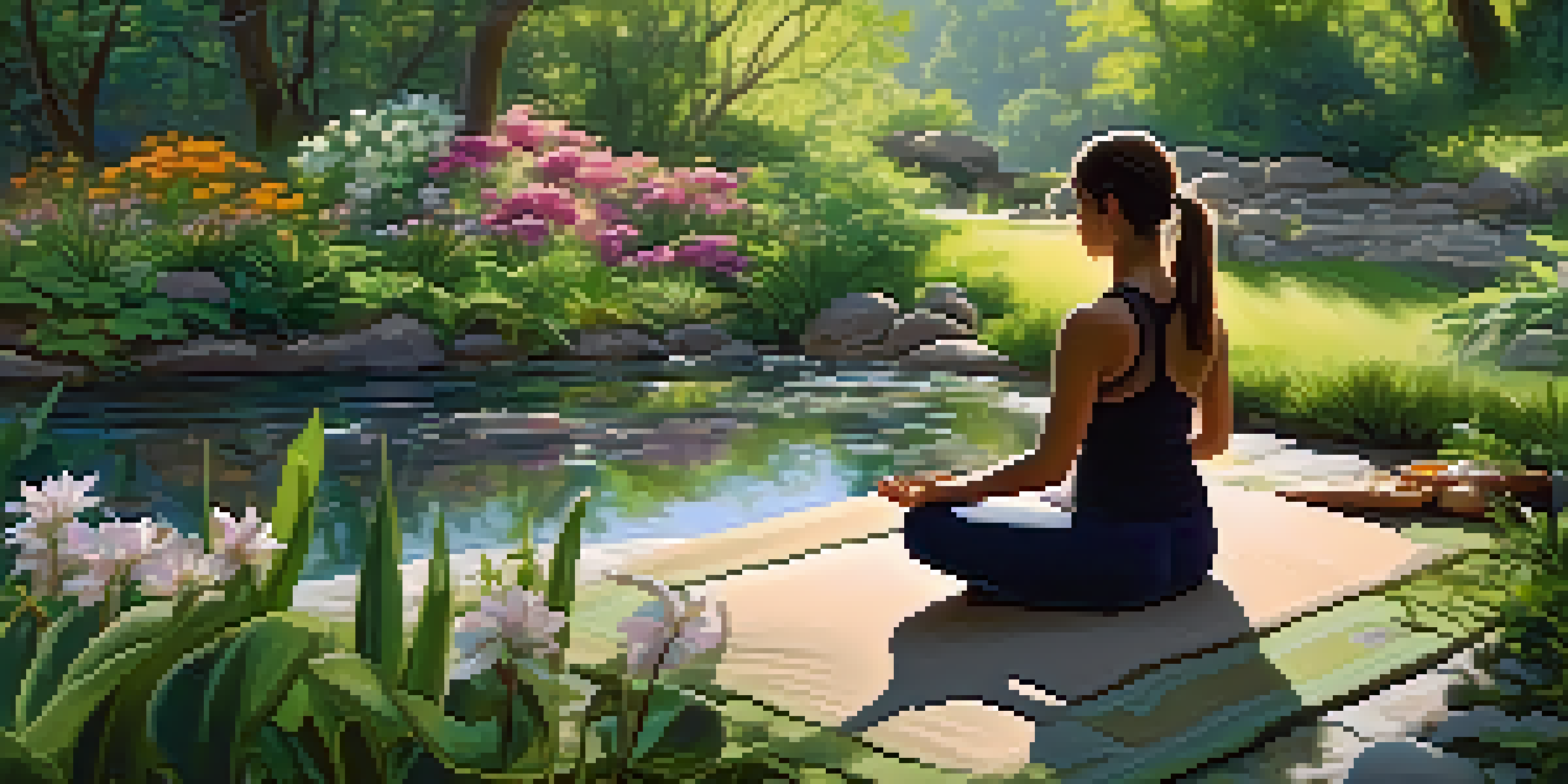 A peaceful garden with colorful flowers, a stream, and a person doing yoga on a mat.