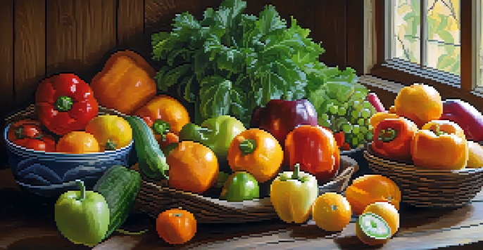 A still life arrangement of fresh fruits and vegetables on a wooden table, illuminated by sunlight.