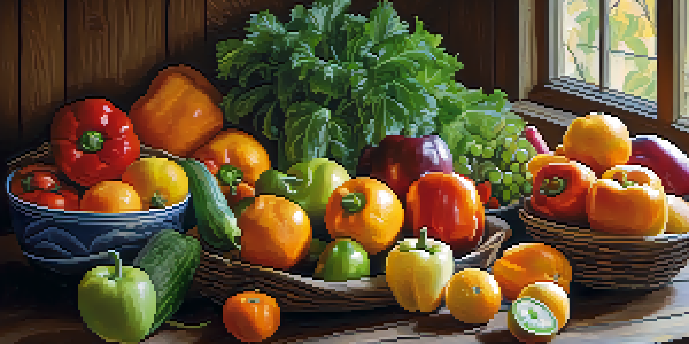 A still life arrangement of fresh fruits and vegetables on a wooden table, illuminated by sunlight.