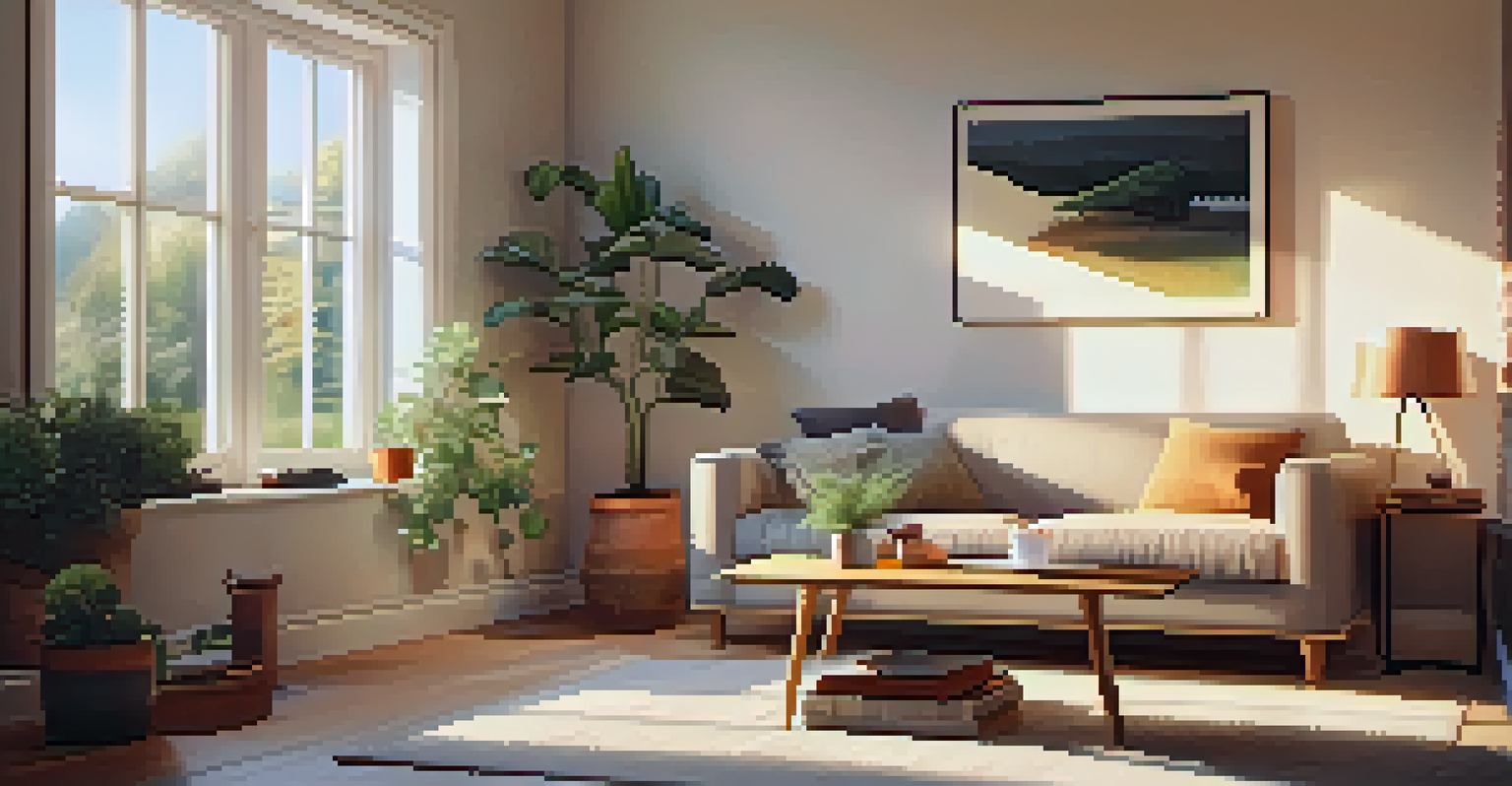A cozy living room with a tech-free zone, featuring cushions, books, and sunlight streaming through a window.