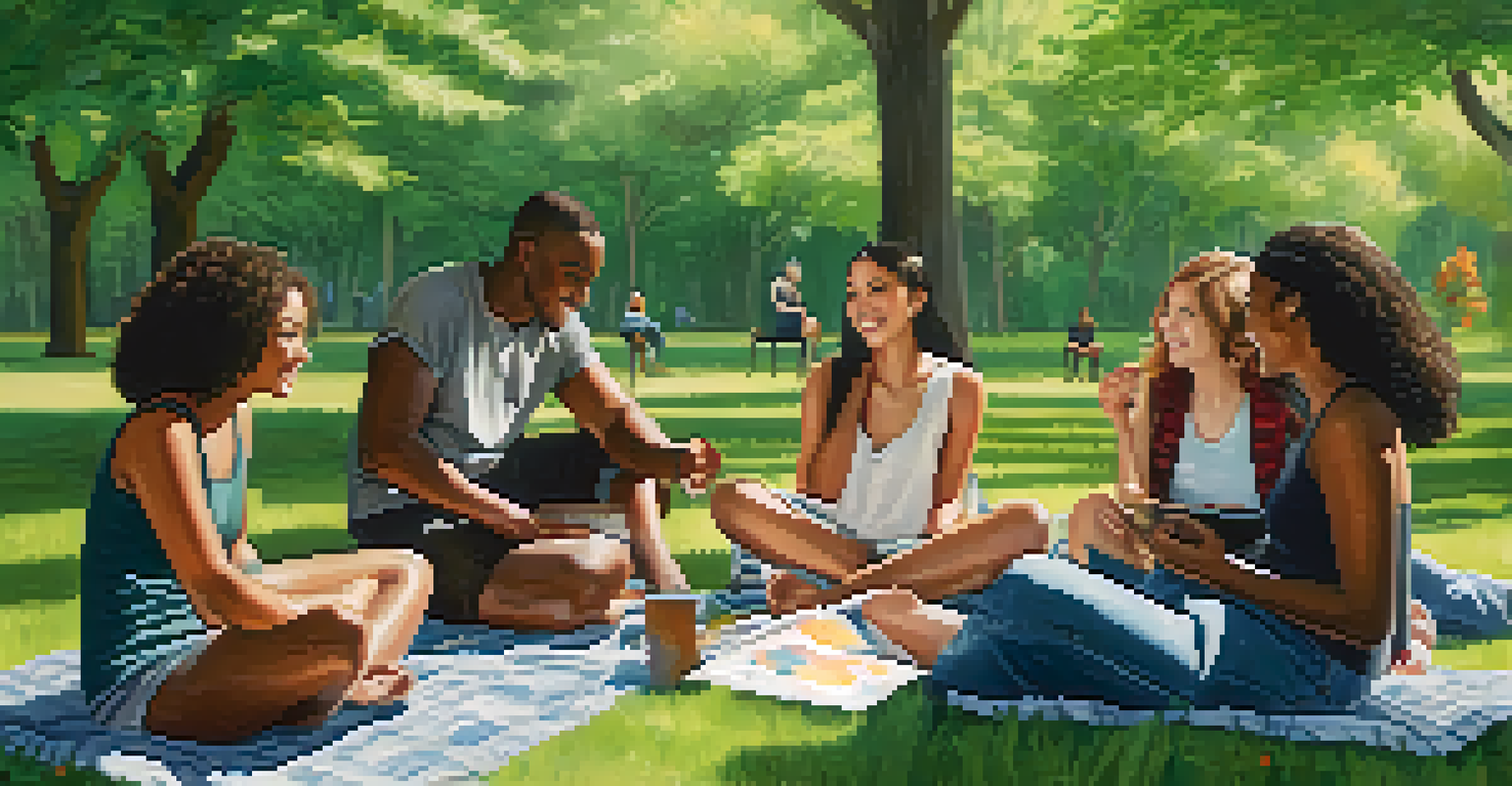 A diverse group of young adults sitting in a circle at a park, engaged in conversation, surrounded by greenery and flowers.