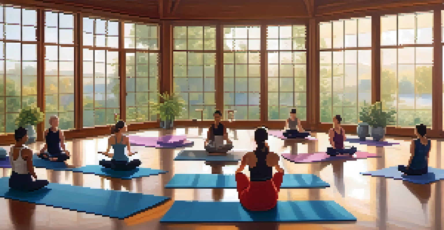 A diverse group practicing yoga in a serene studio, promoting relaxation and stress relief through exercise.