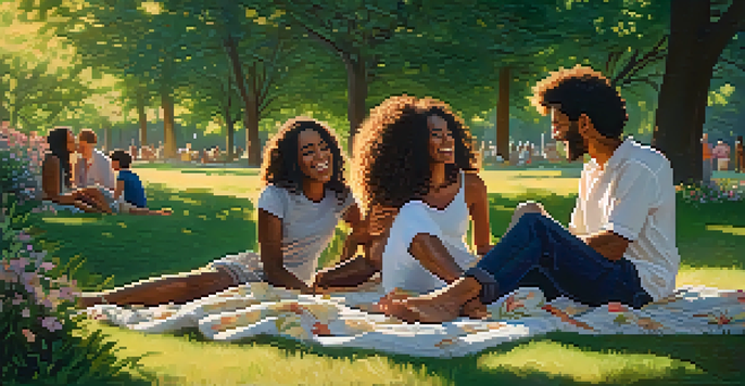 A diverse group of friends enjoying a picnic in a park, surrounded by blooming flowers and trees under soft golden sunlight.