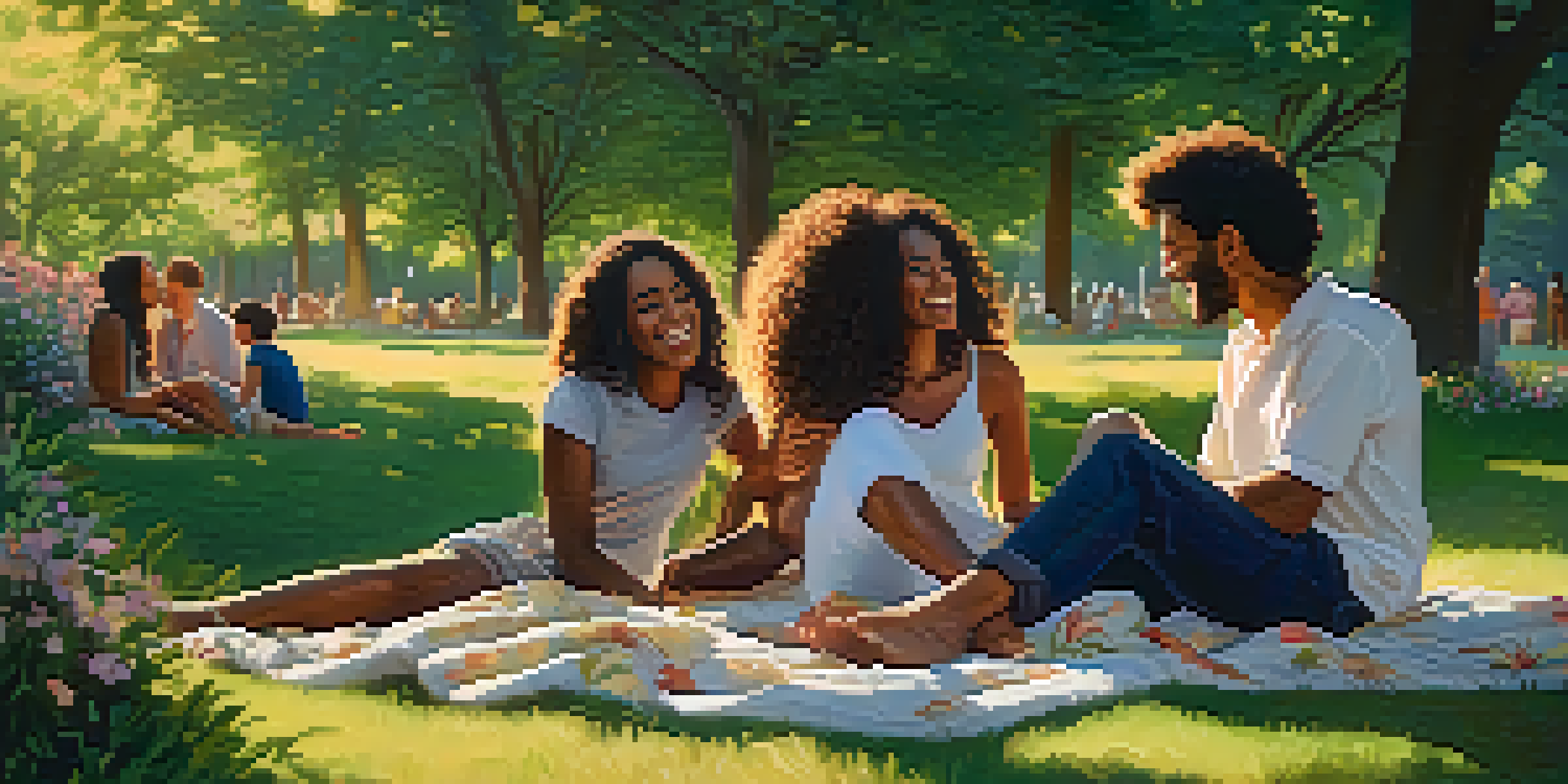 A diverse group of friends enjoying a picnic in a park, surrounded by blooming flowers and trees under soft golden sunlight.