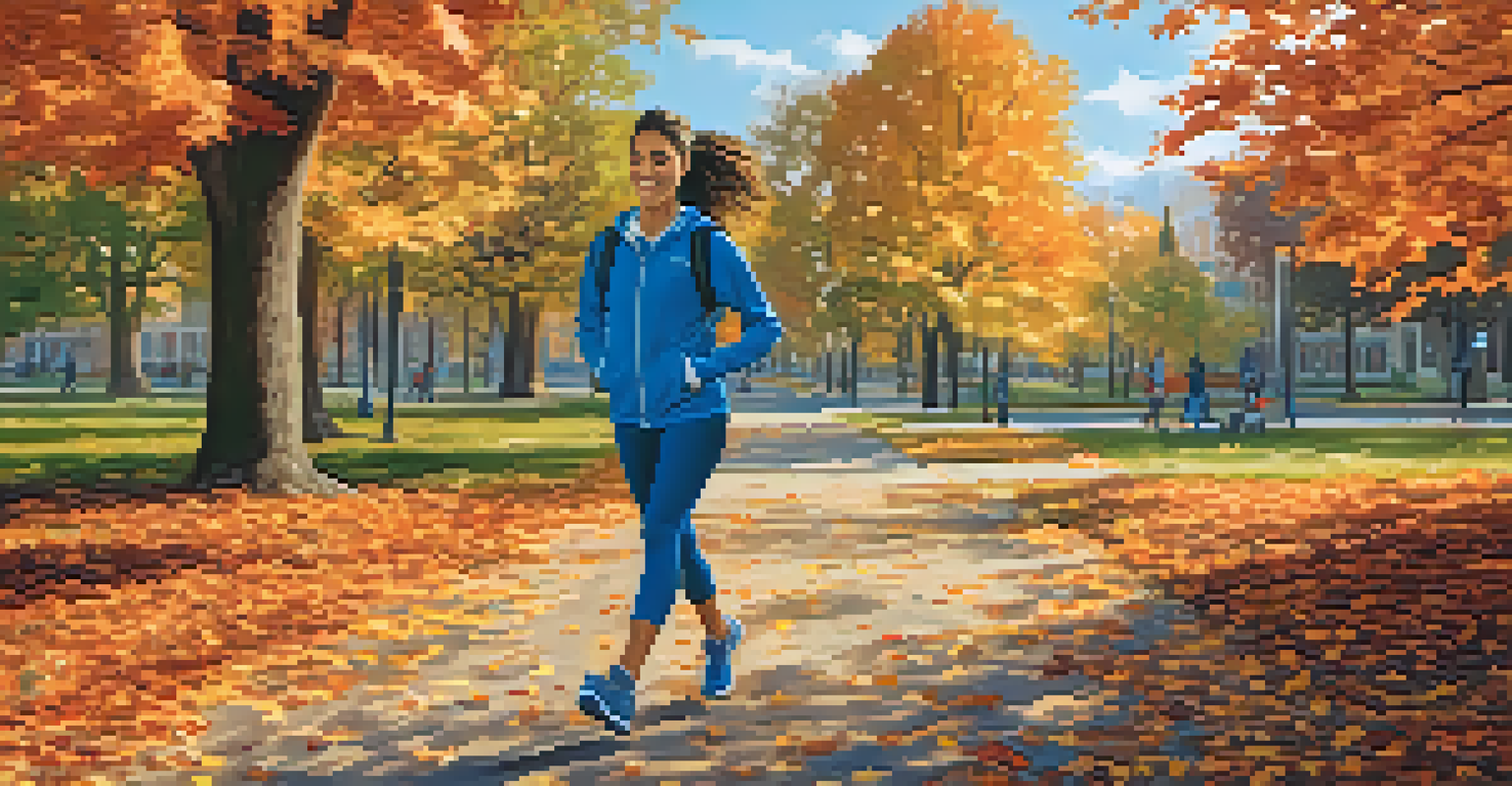 A college student walking in a park filled with colorful autumn leaves, wearing athletic clothing, emphasizing the connection between exercise and sleep quality.