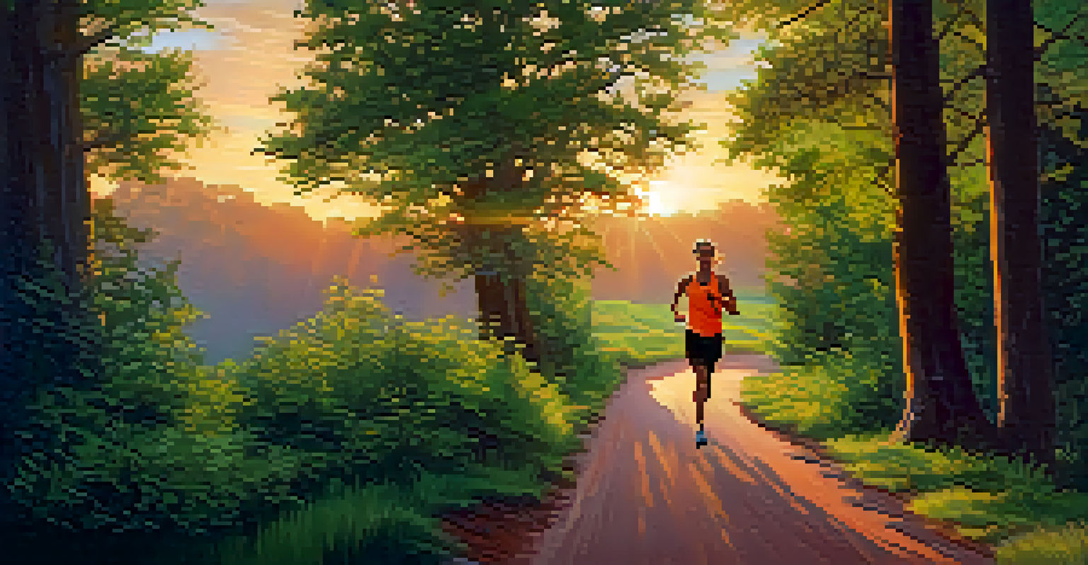 An athlete running on a scenic trail at sunset, focused on mindful breathing, with a blend of green trees and an orange sky in the background.
