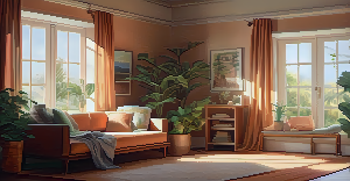 A cozy room with a person napping on a sofa, surrounded by plants and soft light.