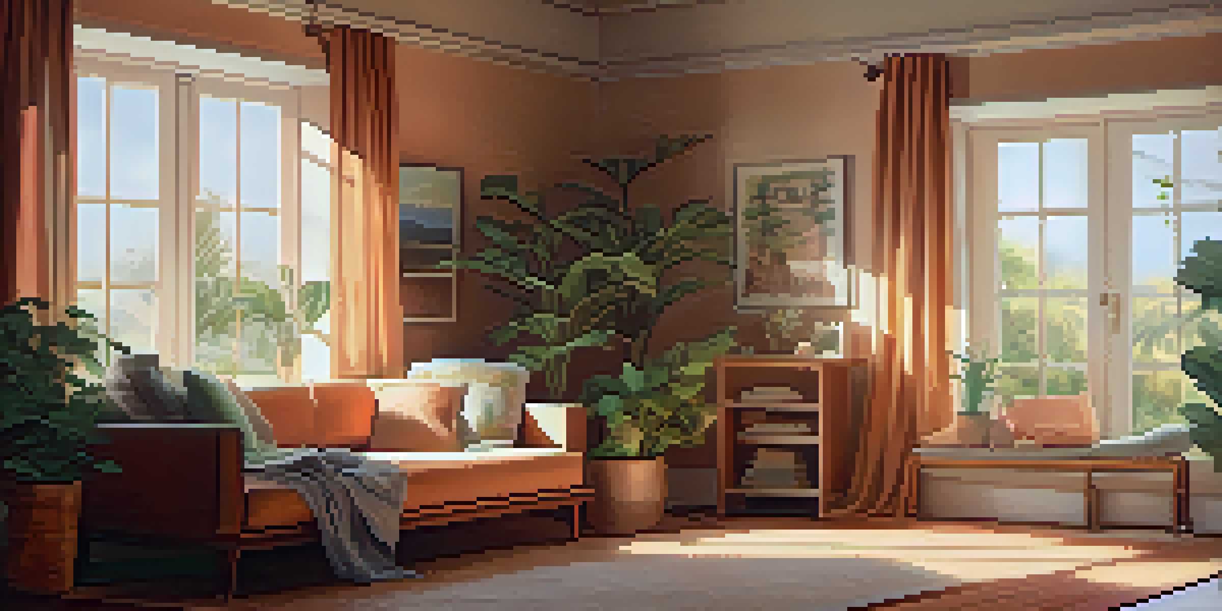 A cozy room with a person napping on a sofa, surrounded by plants and soft light.