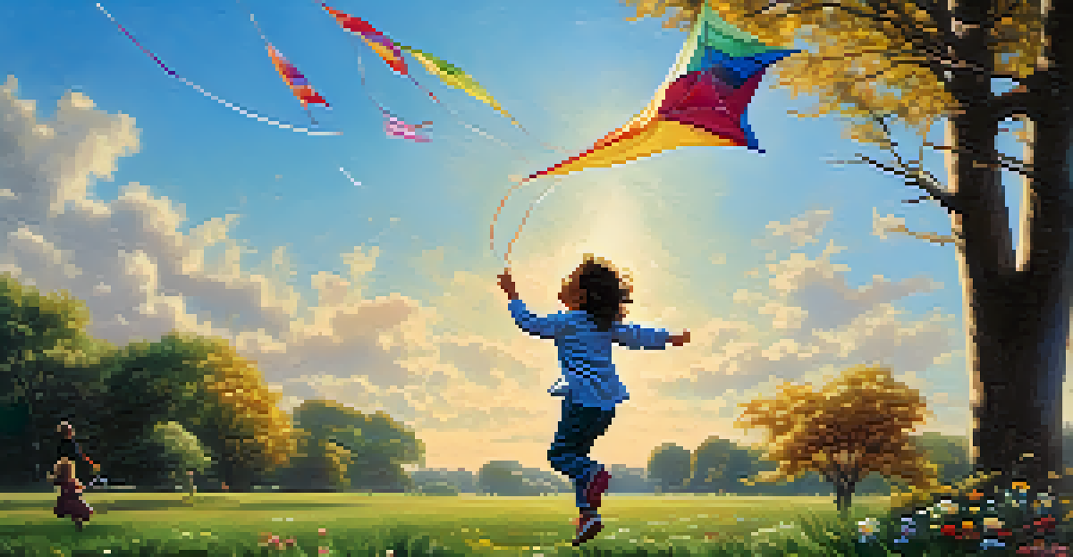 A child happily flying a colorful kite in a sunlit park, with a clear blue sky and vibrant nature around them.