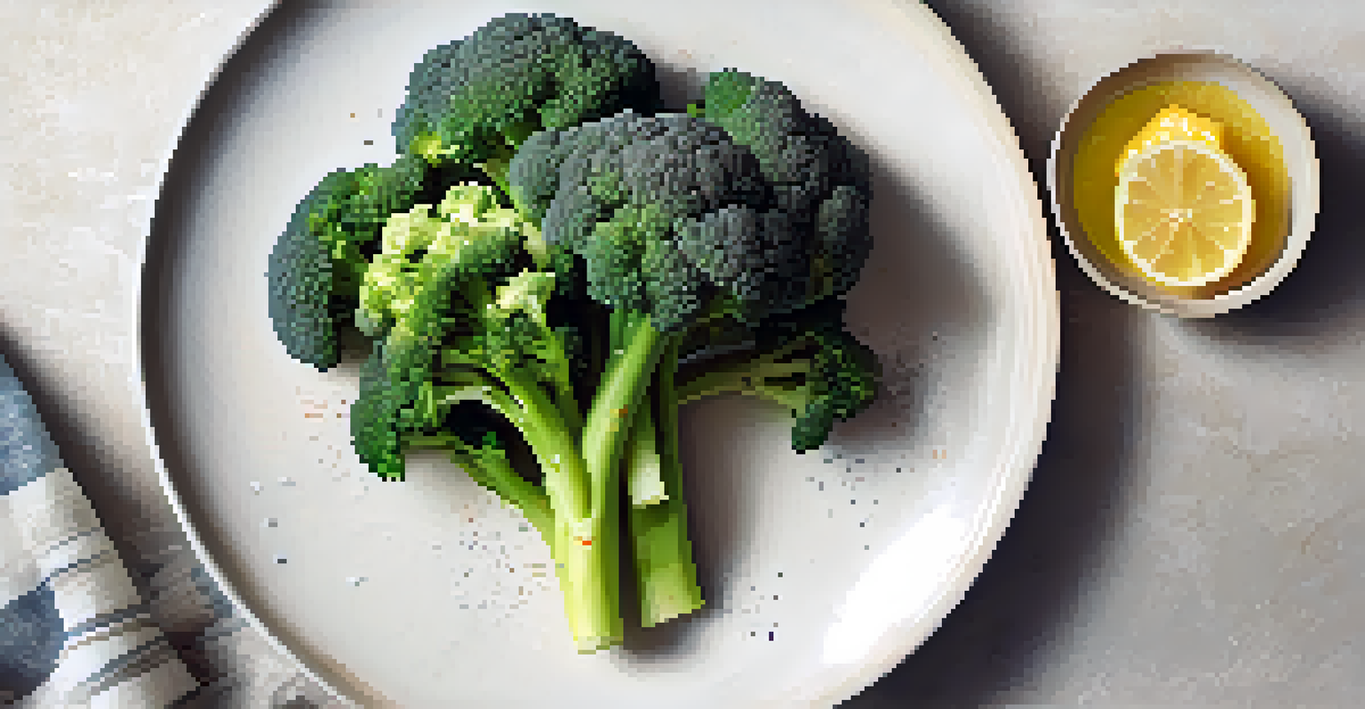 A steaming basket of broccoli and carrots with lemon juice on the side.