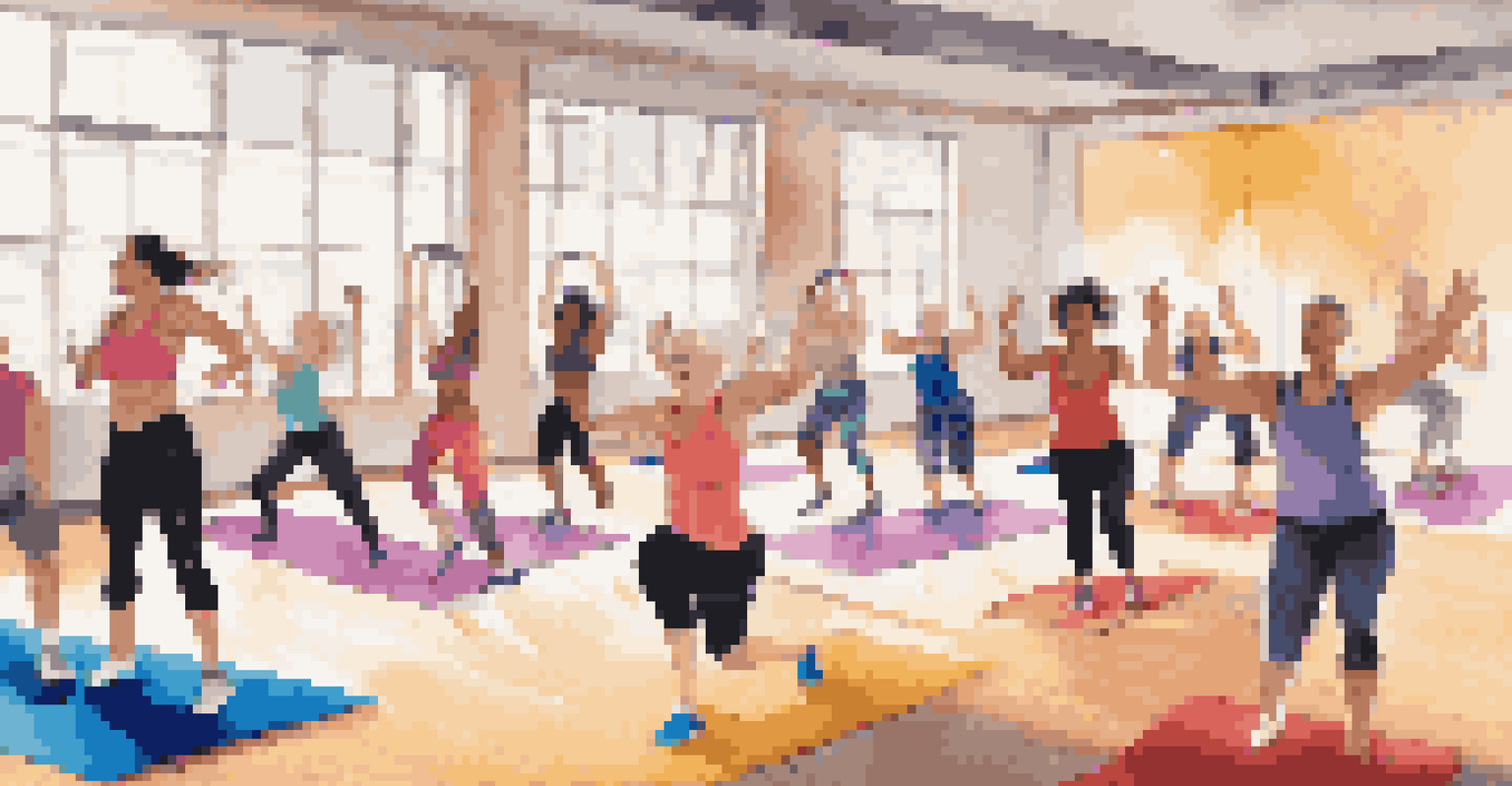 A lively group fitness class indoors with participants following an enthusiastic instructor.