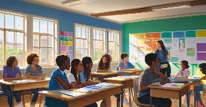 A classroom filled with diverse students participating in a mental health workshop, with a teacher facilitating the discussion and sunlight illuminating the space.