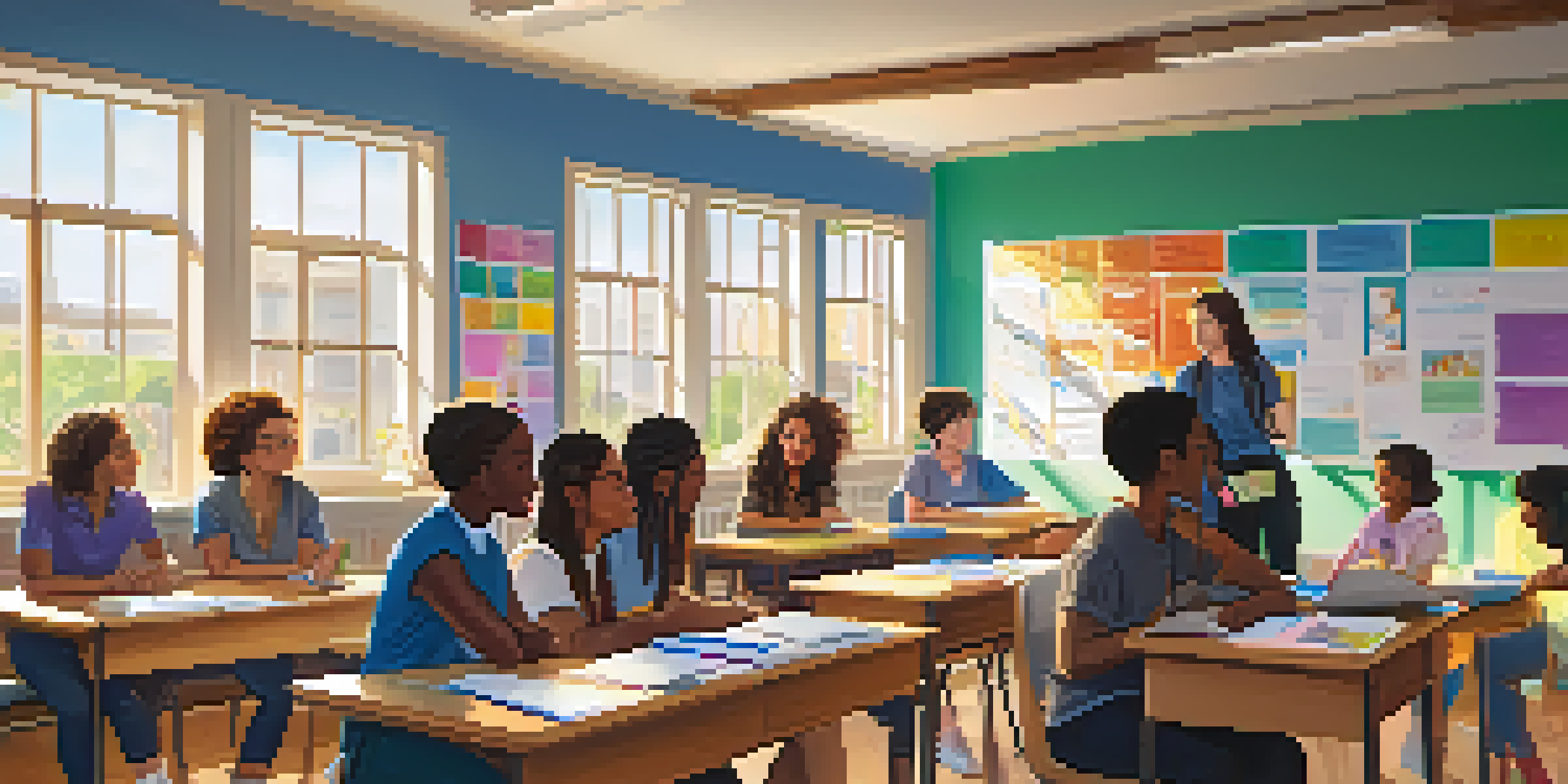 A classroom filled with diverse students participating in a mental health workshop, with a teacher facilitating the discussion and sunlight illuminating the space.