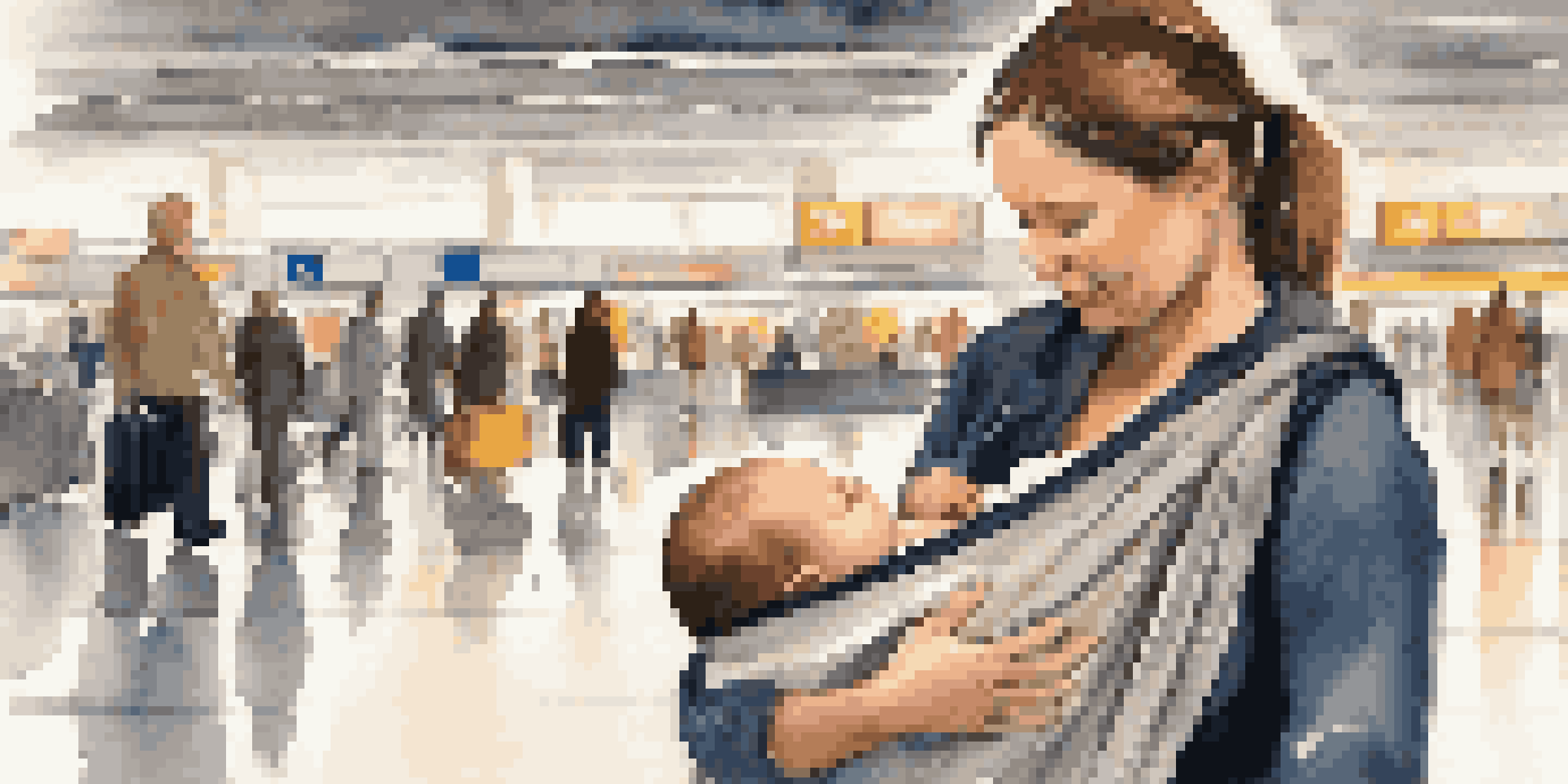 A parent holding a sleeping infant in a baby carrier at an airport, showcasing a calm and secure atmosphere.