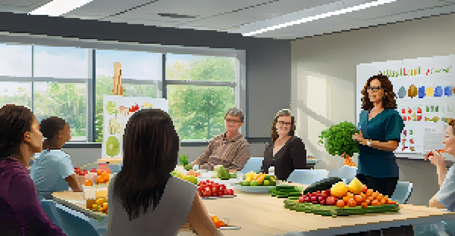 A woman instructor leads a nutrition workshop with a table of fresh fruits and vegetables, engaging an attentive group of employees.