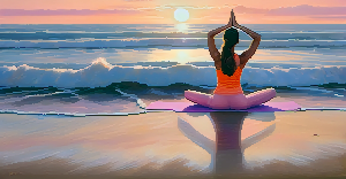A yoga practitioner in a tranquil pose on a beach during sunrise, with soft golden light and ocean waves.