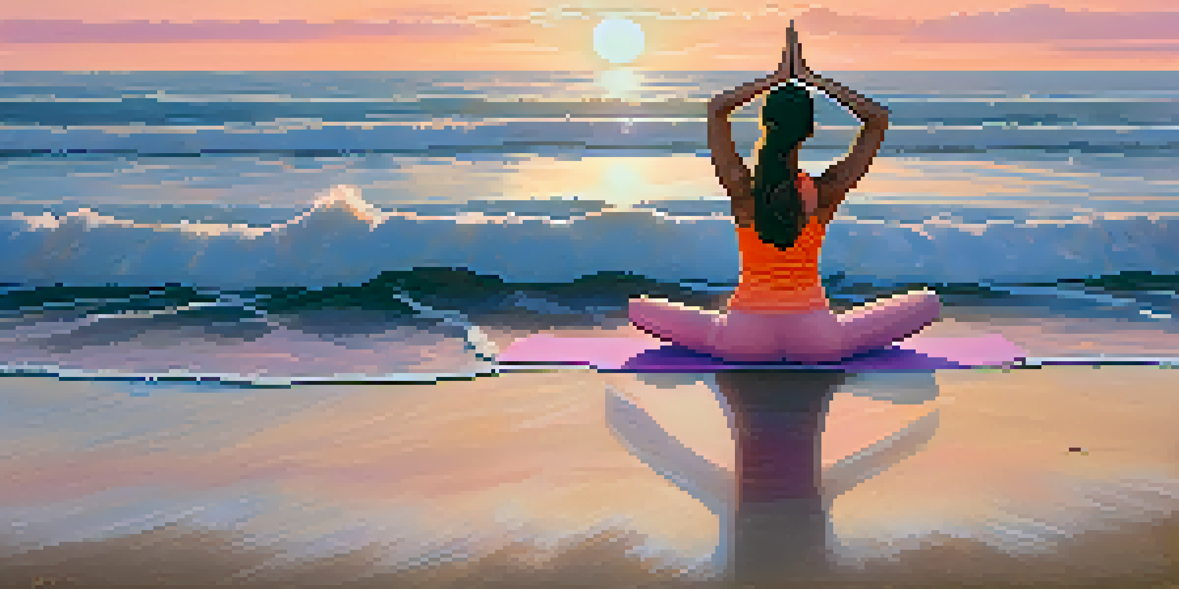 A yoga practitioner in a tranquil pose on a beach during sunrise, with soft golden light and ocean waves.