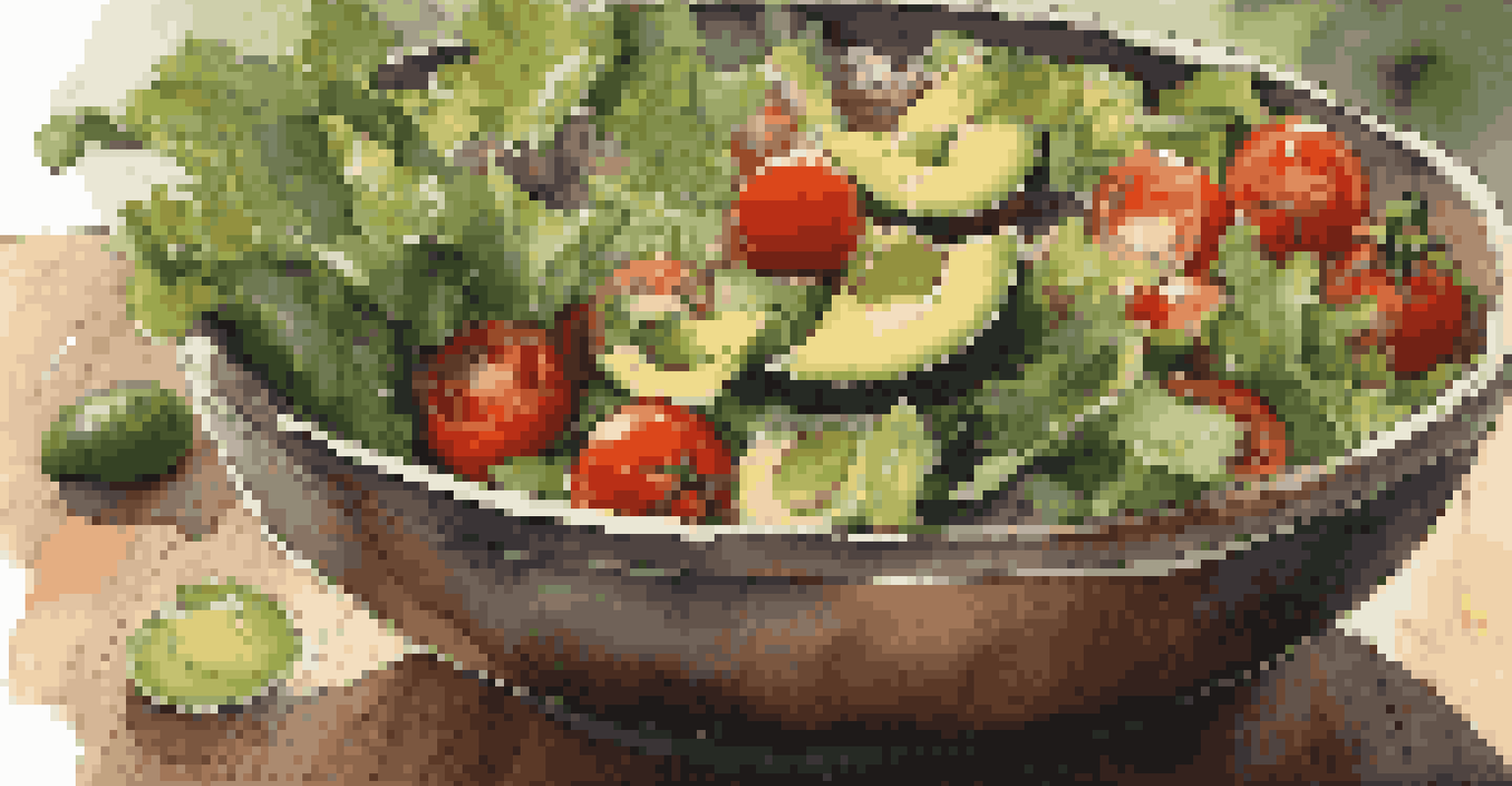 A colorful and textured salad in a rustic bowl, showcasing fresh ingredients on a wooden table.