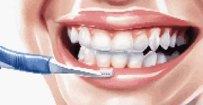 A close-up of a healthy mouth with bright white teeth and healthy gums, featuring a toothbrush and dental floss in the foreground.