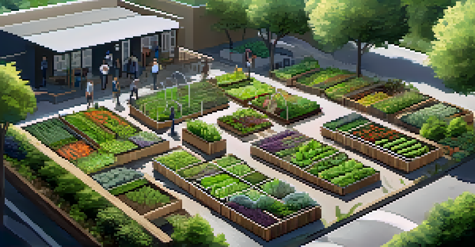 Aerial view of a well-organized community garden with vegetable plots and paths, surrounded by trees and benches.