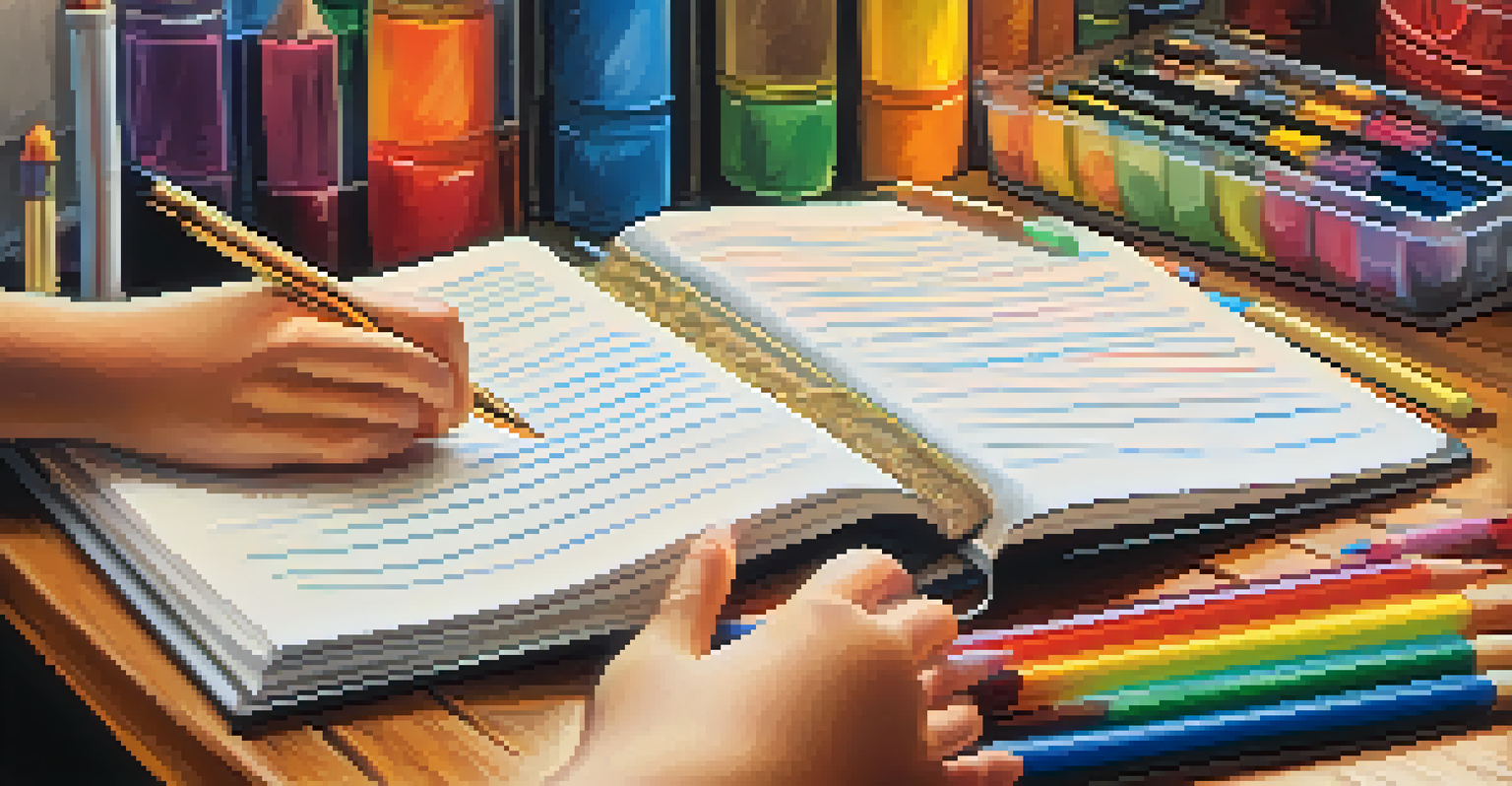 A child writing in a journal with colorful art supplies on a wooden table, focused and creative.