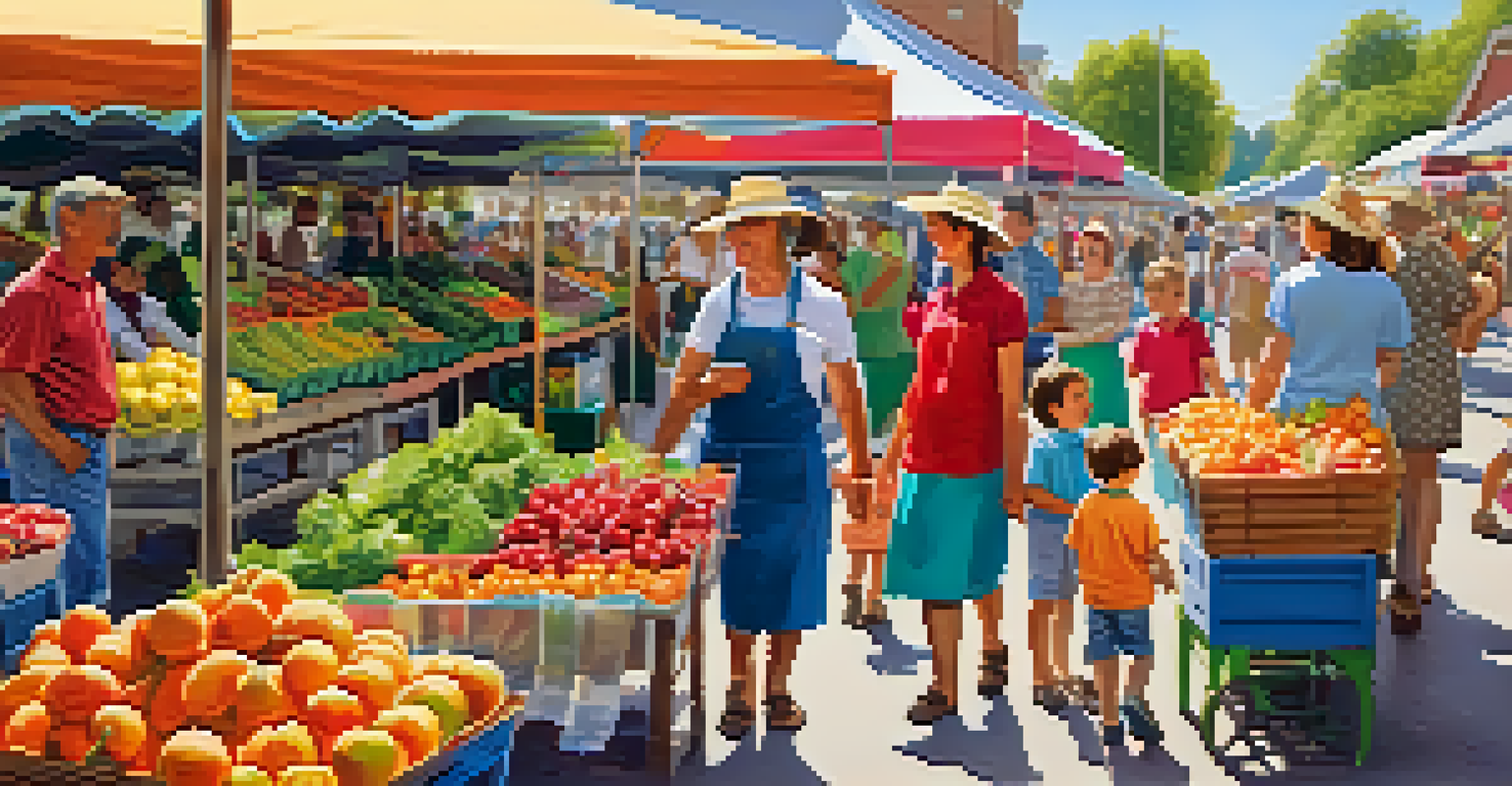 Families shopping for fresh produce at a sunny local farmer's market.