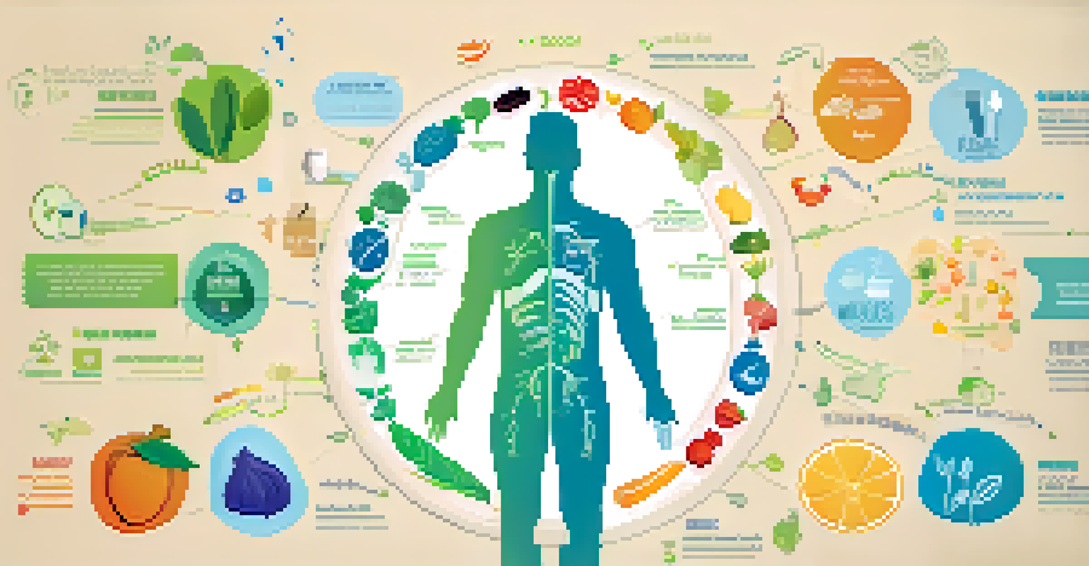 An infographic illustration showing the link between gut health and overall wellness, featuring a human silhouette and icons of healthy foods and probiotics.