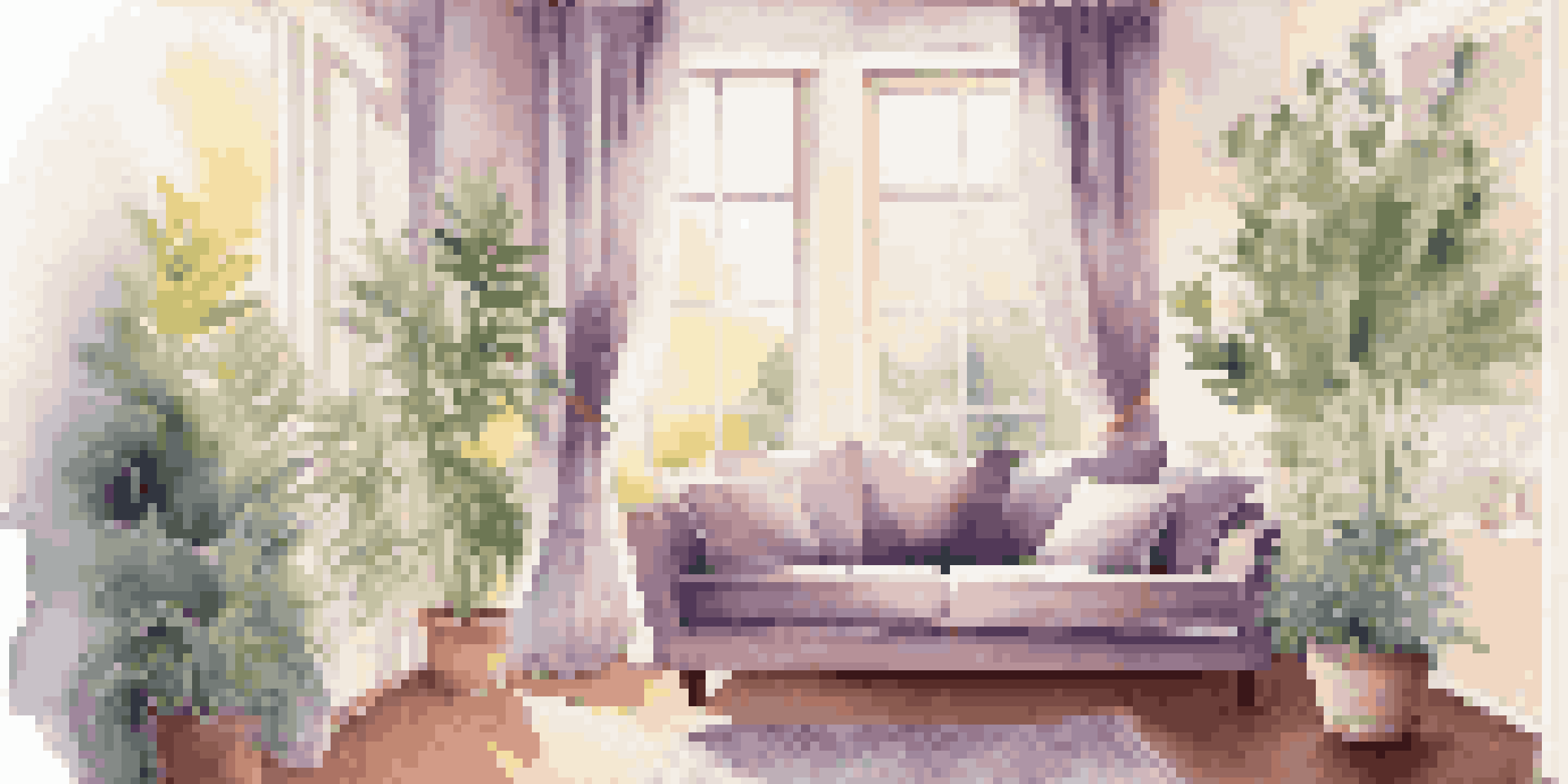 A cozy living room with a diffuser releasing lavender vapor, sunlight filtering through curtains, and indoor plants creating a calming atmosphere.