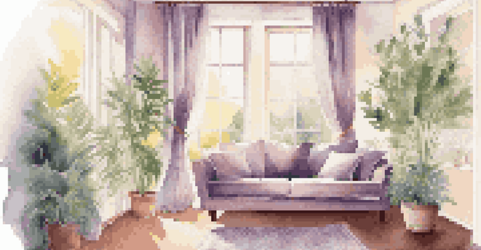 A cozy living room with a diffuser releasing lavender vapor, sunlight filtering through curtains, and indoor plants creating a calming atmosphere.