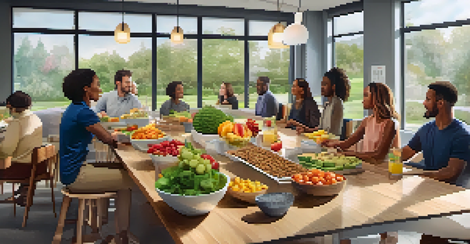 A calm office break room scene with employees enjoying healthy food together around a wooden table, surrounded by natural light and plants.