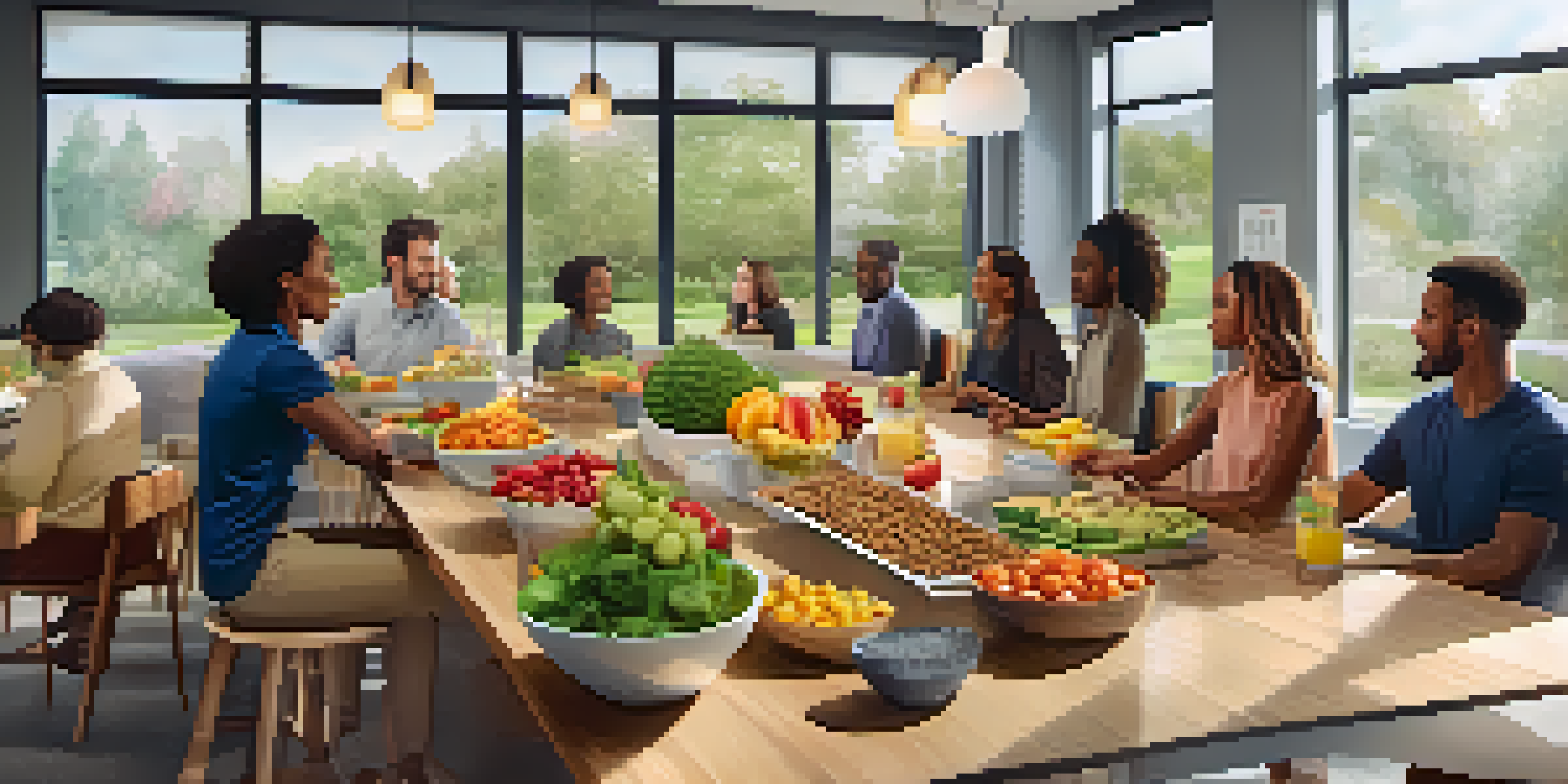 A calm office break room scene with employees enjoying healthy food together around a wooden table, surrounded by natural light and plants.