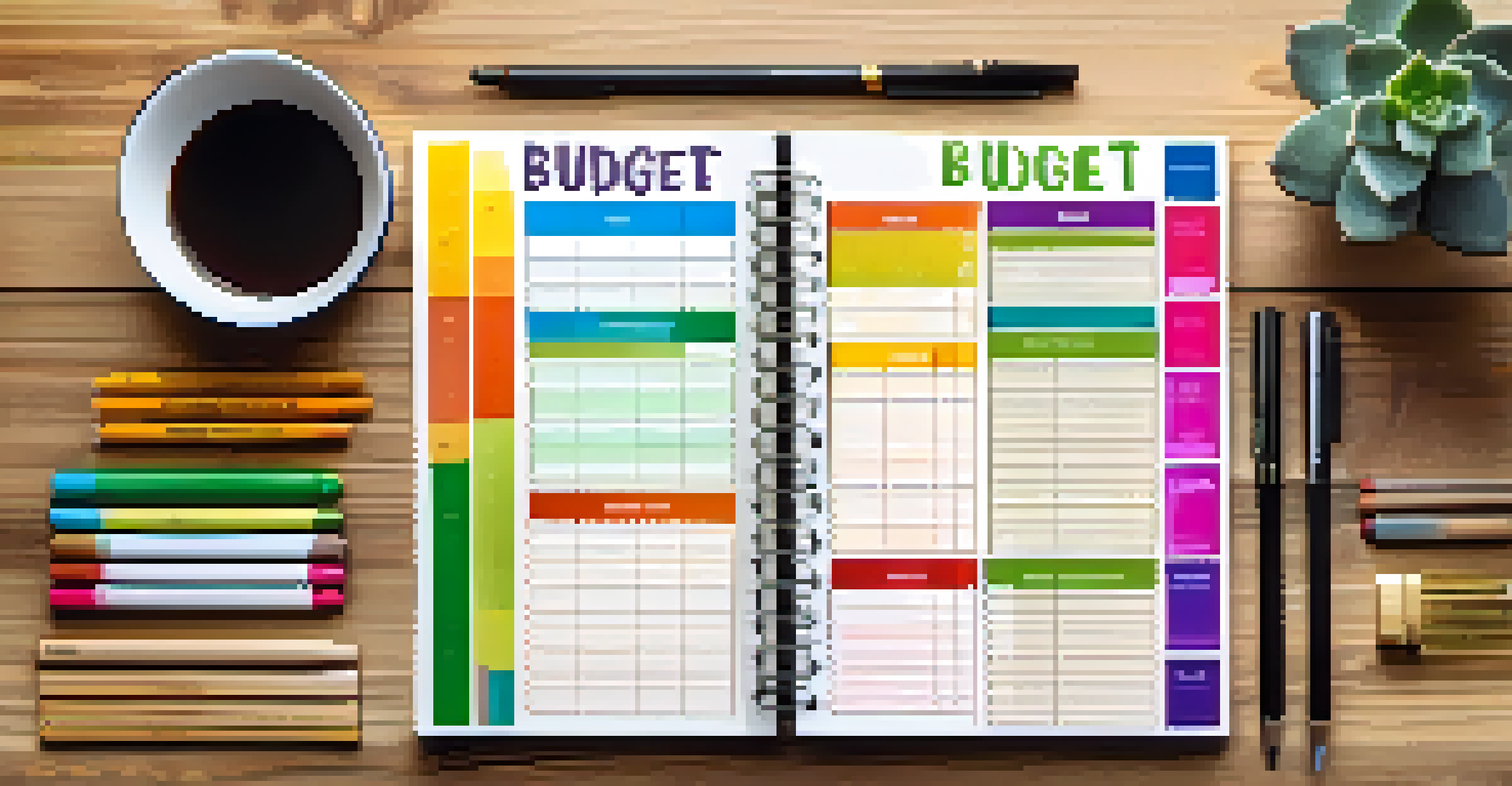 An overhead view of a monthly budget planner on a wooden table with a calculator and colorful pens.